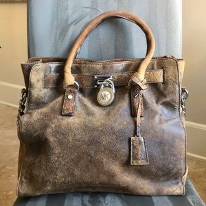 Michael Kors Hamilton Brwn Leather bag RARE SILVER